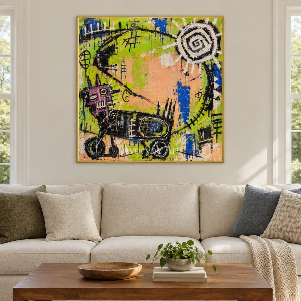 Hidden Dialogue graffiti figure wall art with a gold frame hanging in a living room