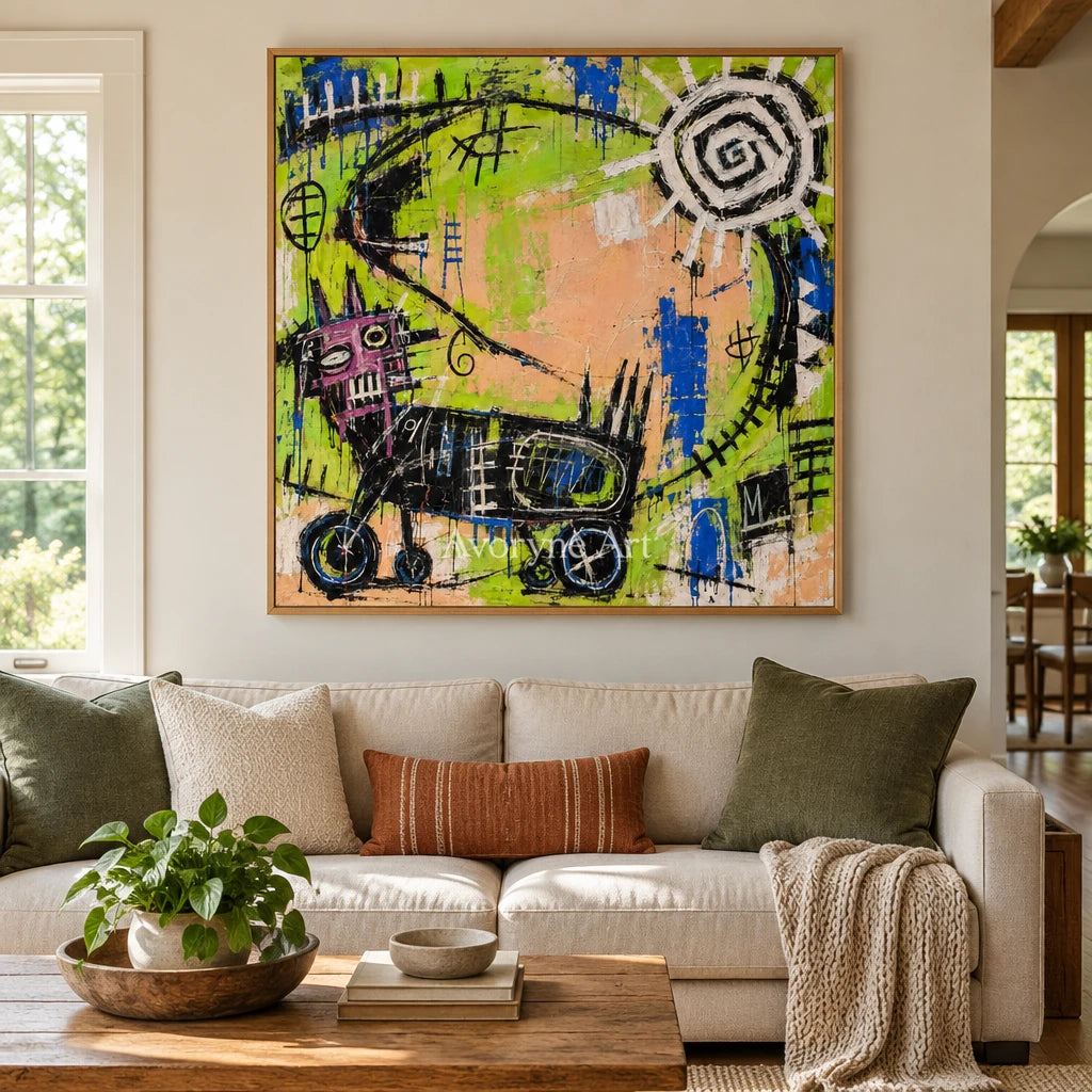 Hidden Dialogue graffiti figure wall art with a wood frame in a villa living space
