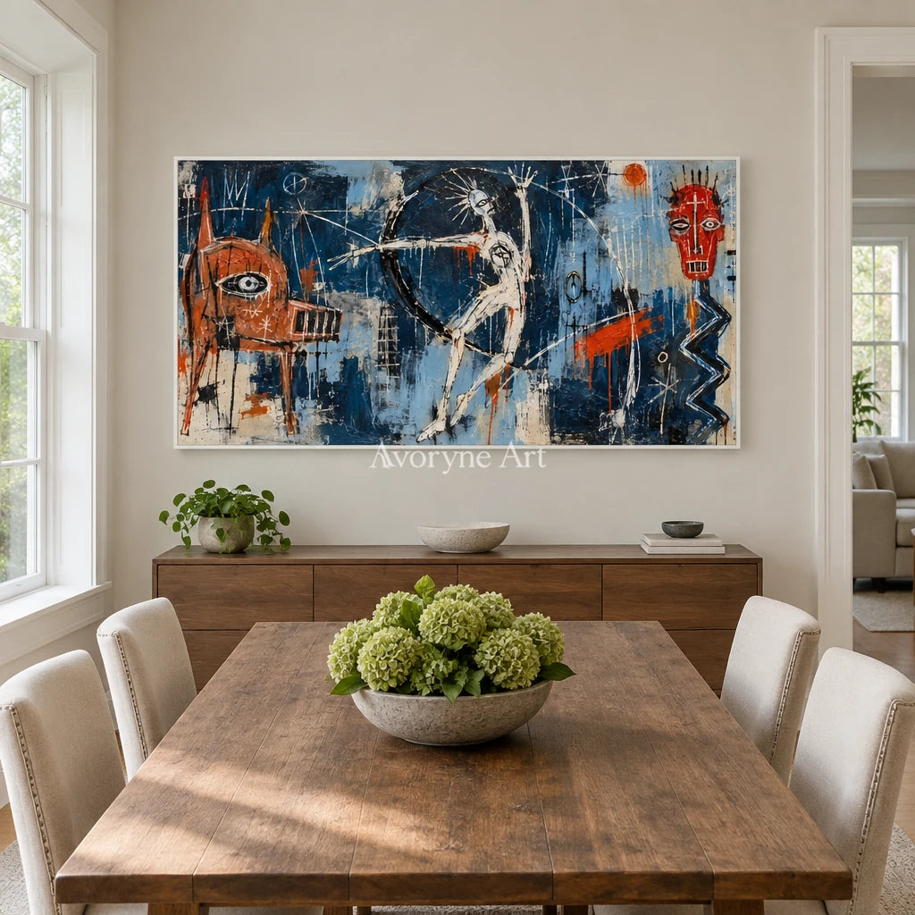 Gentle Cadence graffiti figure wall art with a white frame in a dining room