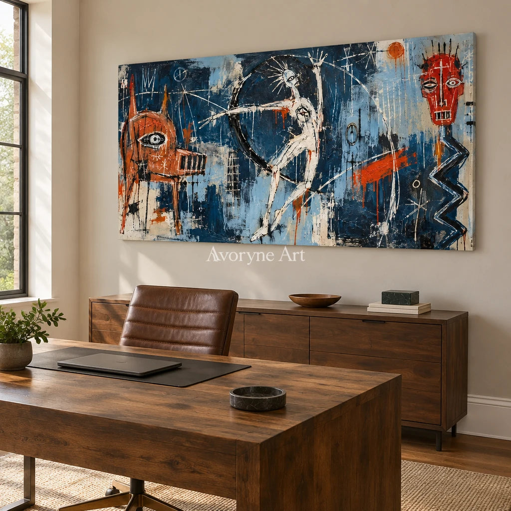 Gentle Cadence graffiti figure wall art as a frameless stretched canvas in a home office
