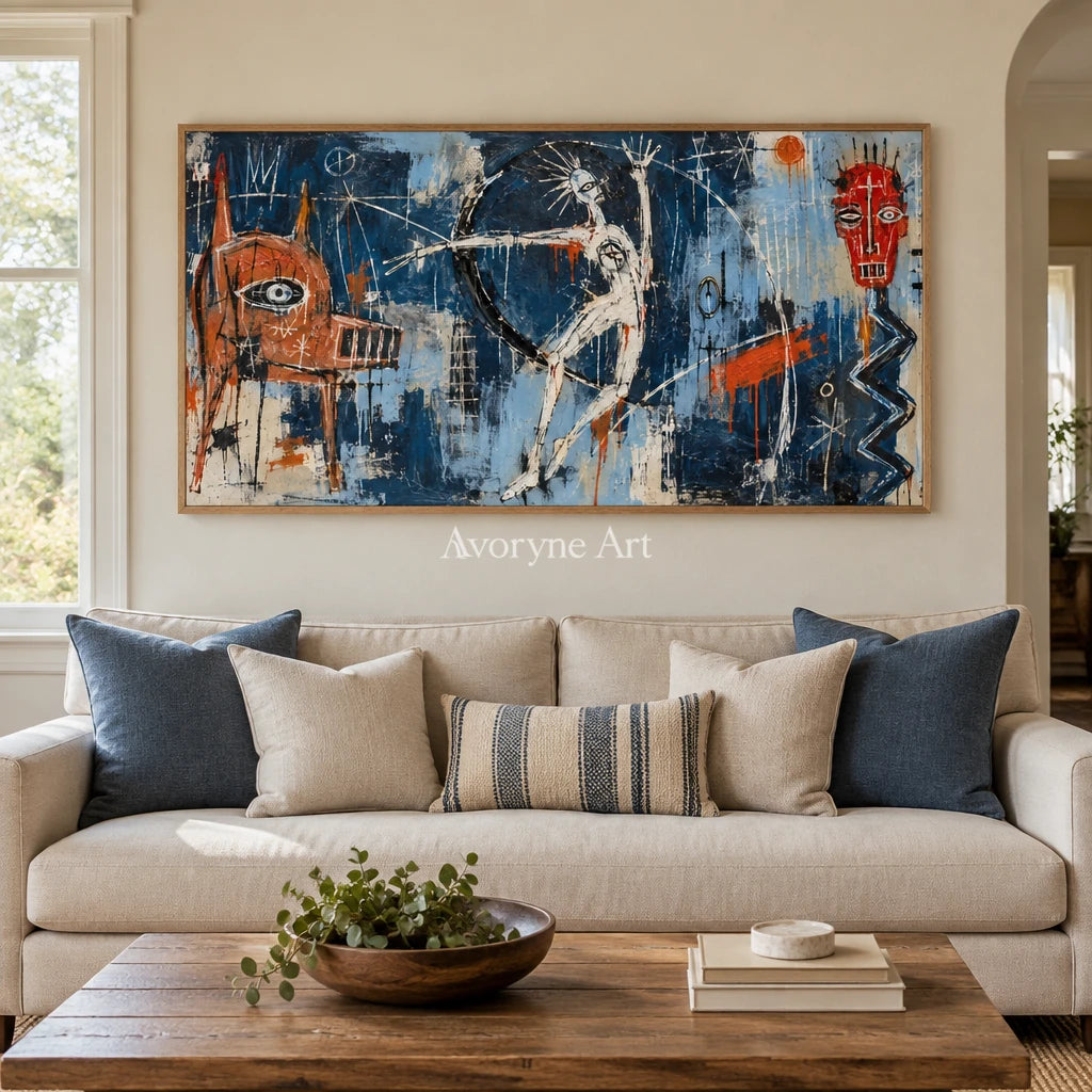 Gentle Cadence graffiti figure wall art with a wood frame in a villa living space