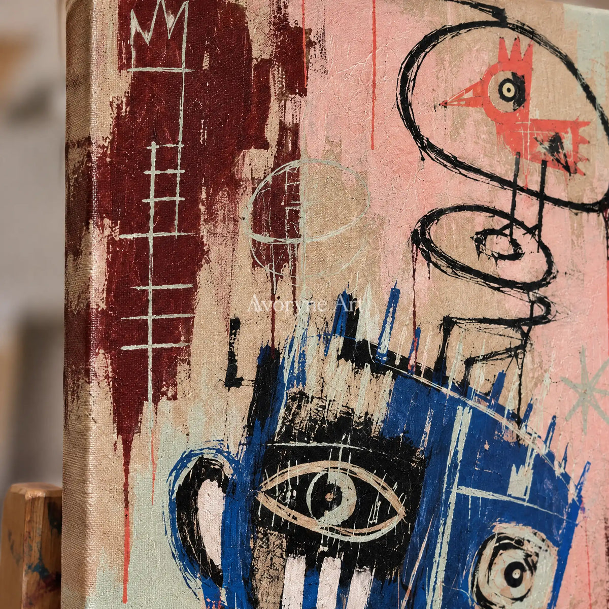 Close-up of the hand-painted texture of Gentle Passage graffiti figure wall art on an easel