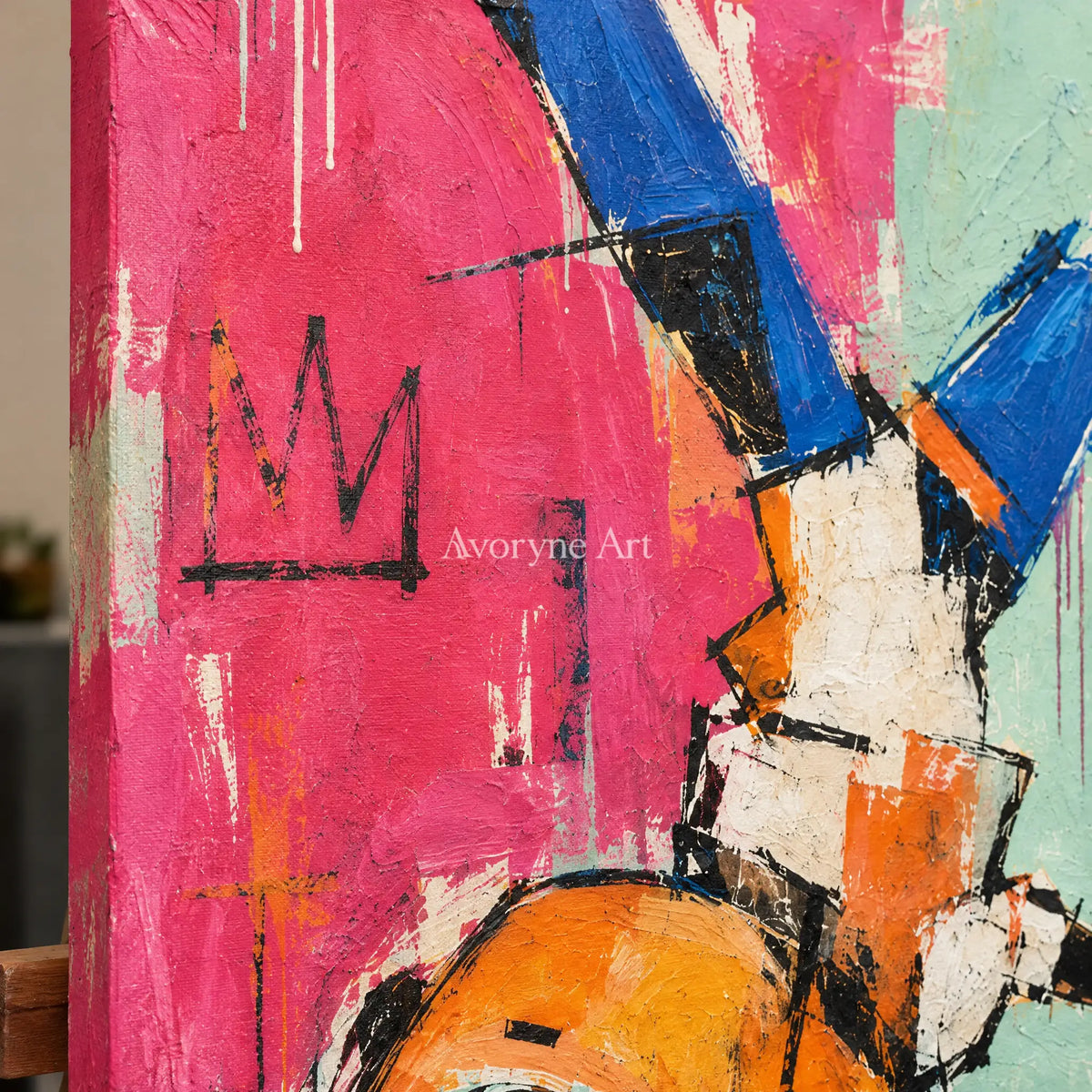 Close-up of the hand-painted texture of Gentle Echo graffiti figure wall art on an easel