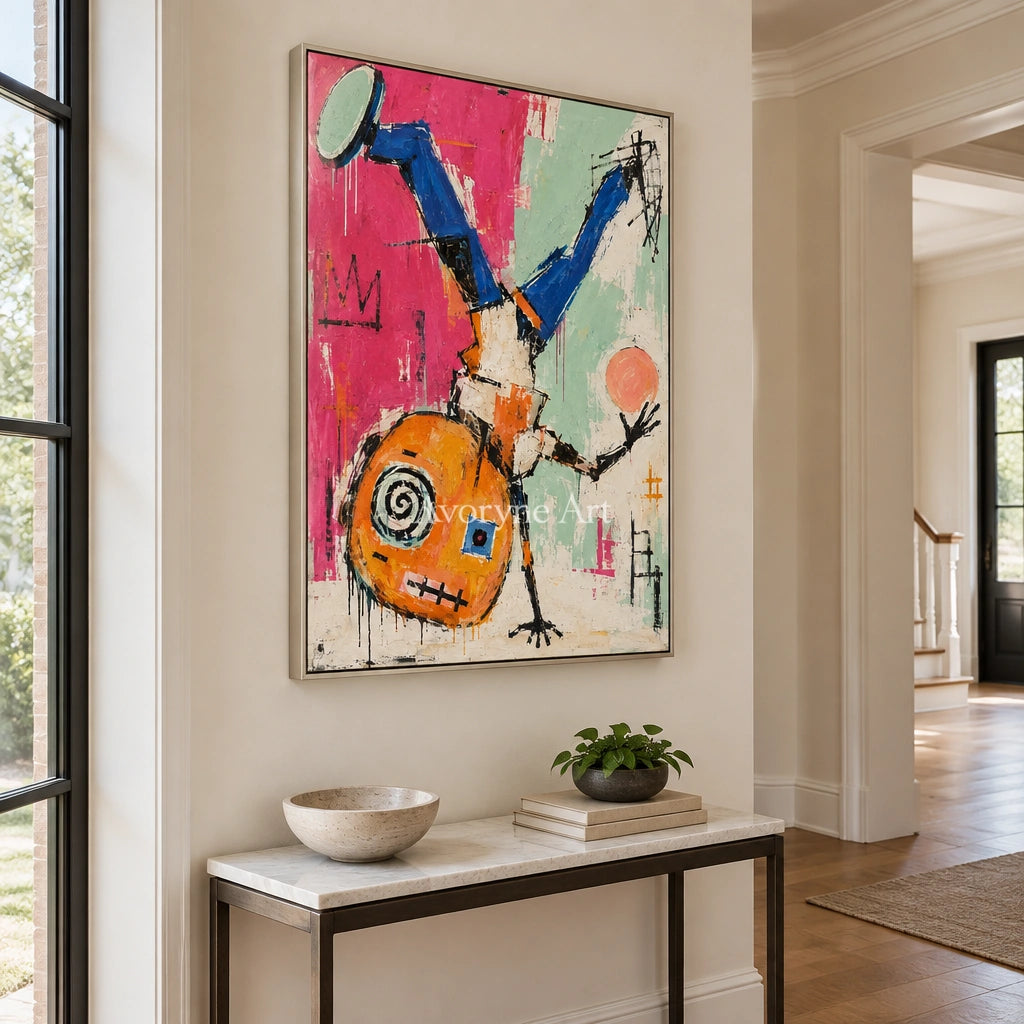 Gentle Echo graffiti figure wall art with a silver frame in an entryway