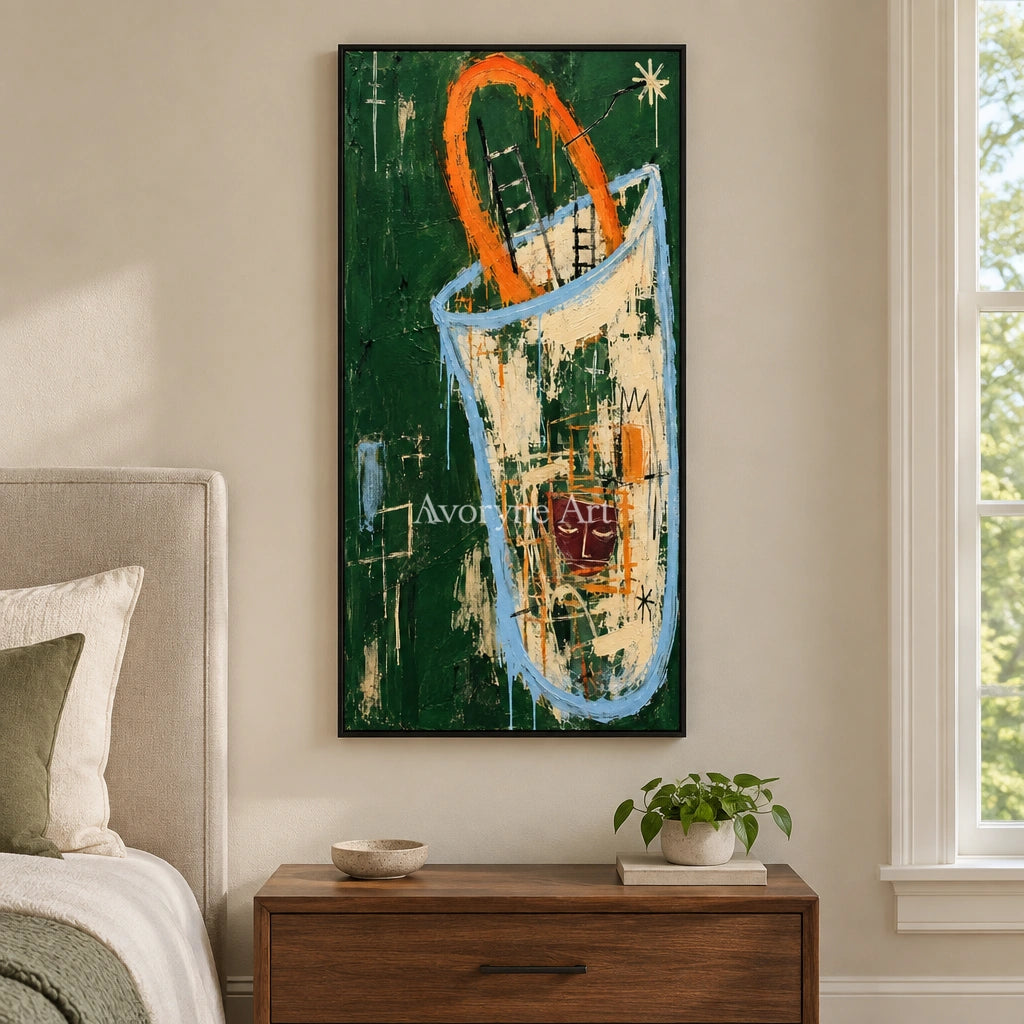 Gentle Horizon graffiti figure wall art with a black frame above a bed in a bedroom