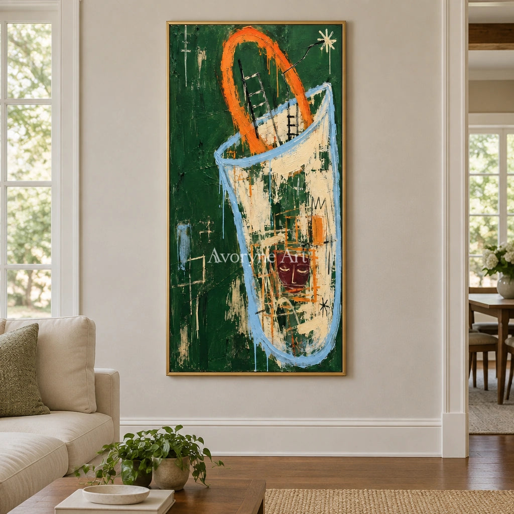 Gentle Horizon graffiti figure wall art with a gold frame hanging in a living room