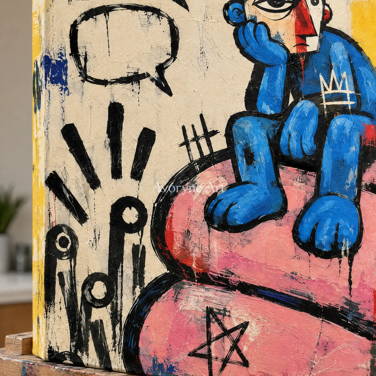 Close-up of the hand-painted texture of Gentle Gesture graffiti figure wall art on an easel