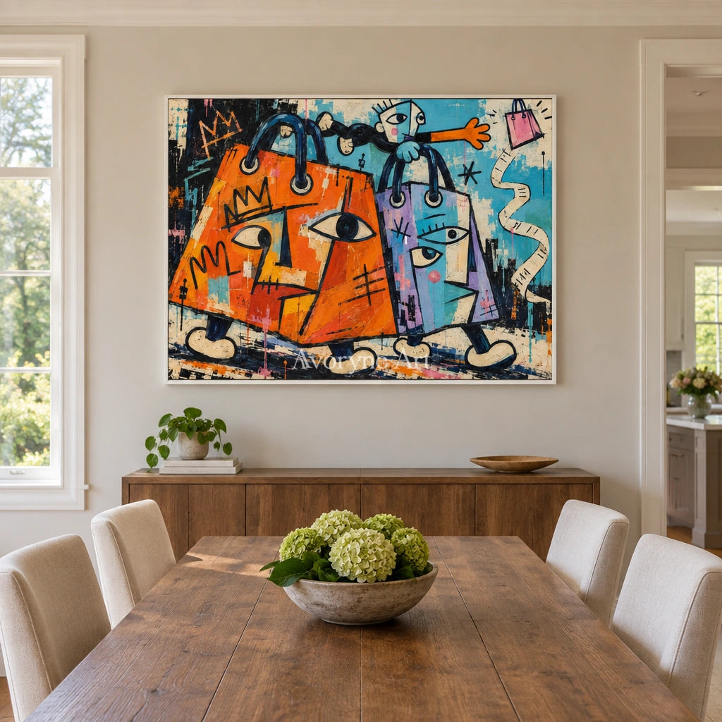 Gentle Mosaic graffiti figure wall art with a white frame in a dining room