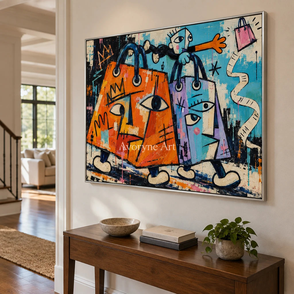 Gentle Mosaic graffiti figure wall art with a silver frame in an entryway