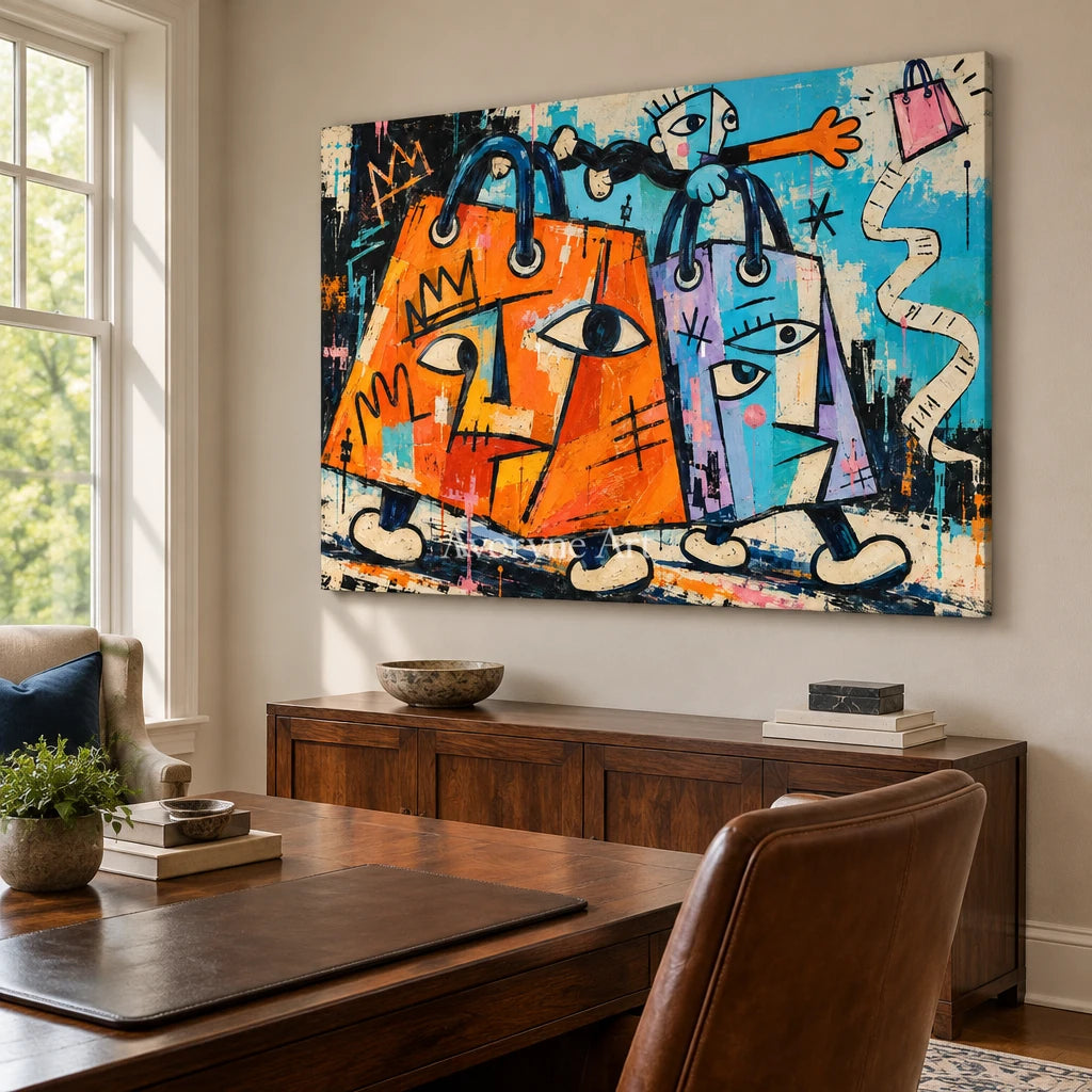 Gentle Mosaic graffiti figure wall art as a frameless stretched canvas in a home office