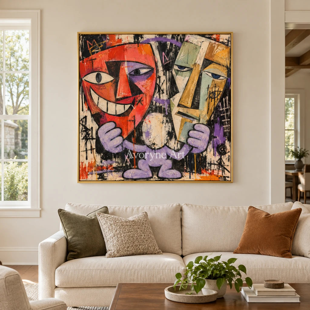 Gentle Drift graffiti figure wall art with a gold frame hanging in a living room