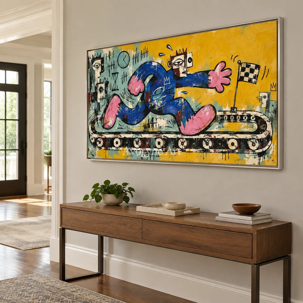 Gentle Verse graffiti figure wall art with a silver frame in an entryway