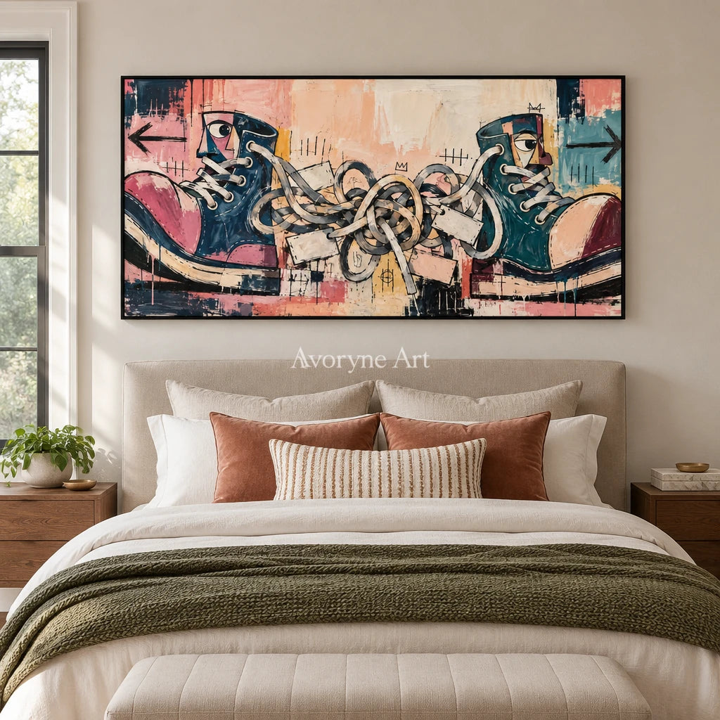 Gentle Trace graffiti figure wall art with a black frame above a bed in a bedroom