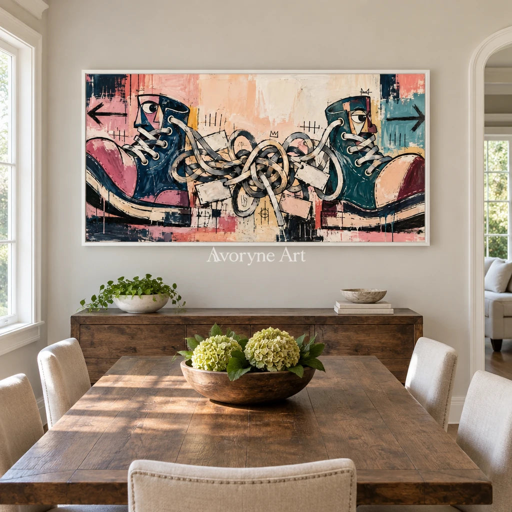 Gentle Trace graffiti figure wall art with a white frame in a dining room