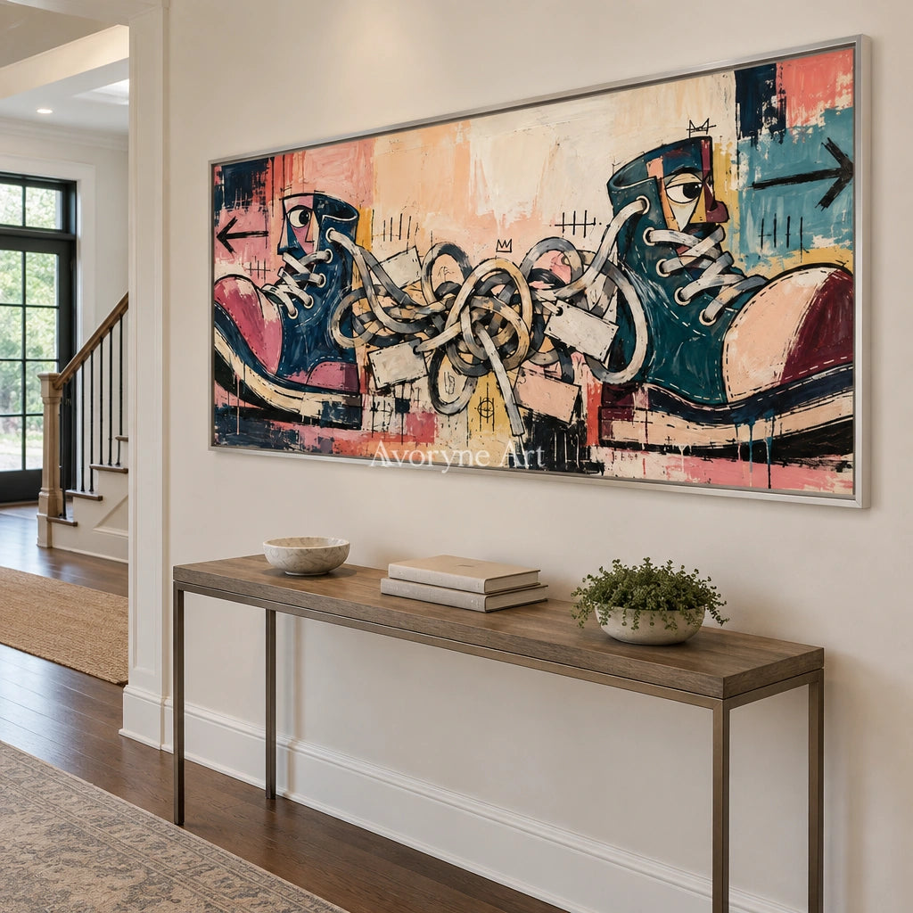 Gentle Trace graffiti figure wall art with a silver frame in an entryway