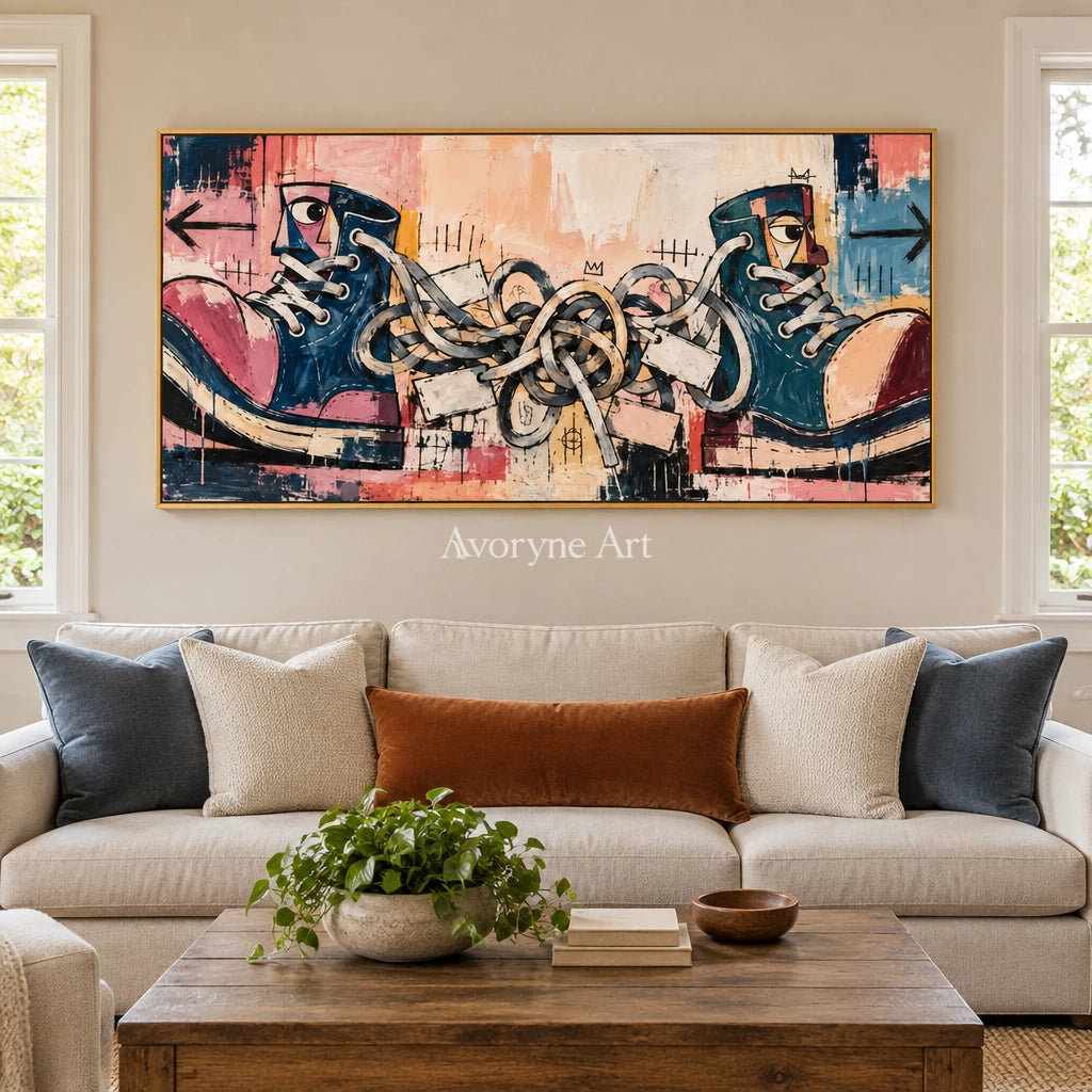 Gentle Trace graffiti figure wall art with a gold frame hanging in a living room