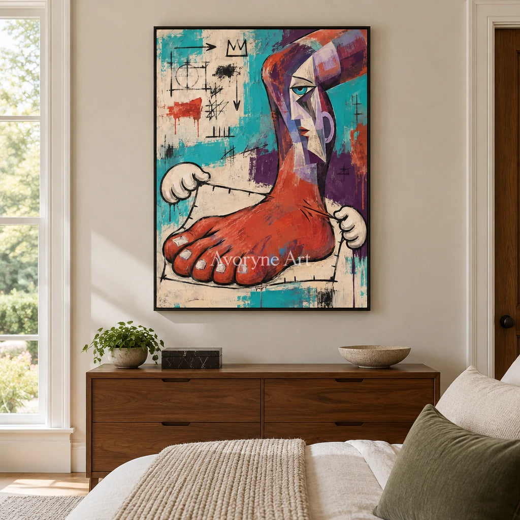 Gentle Story graffiti figure wall art with a black frame above a bed in a bedroom