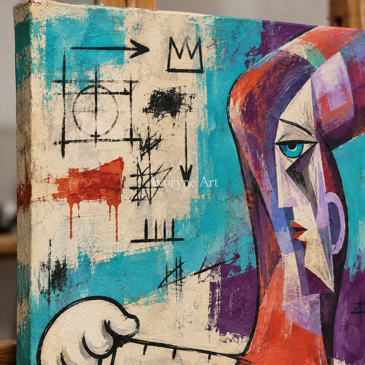 Close-up of the hand-painted texture of Gentle Story graffiti figure wall art on an easel