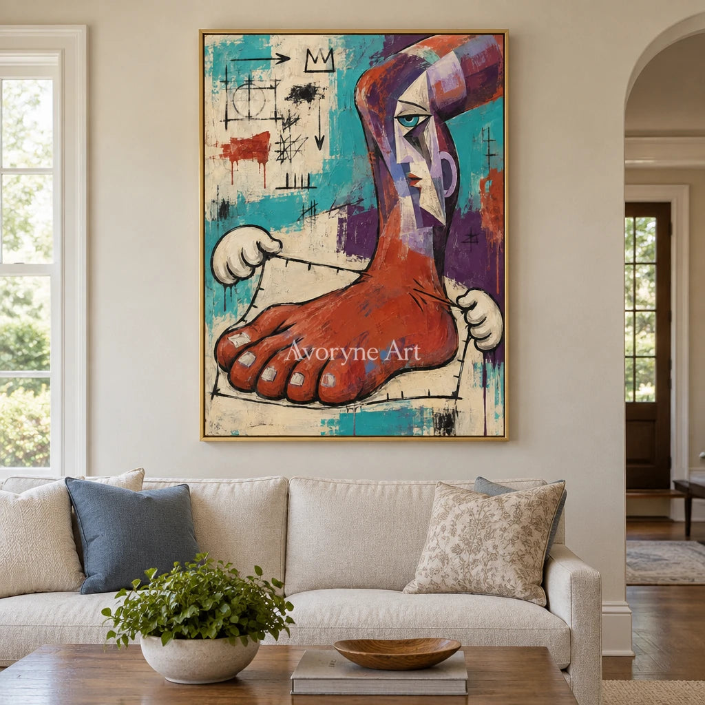 Gentle Story graffiti figure wall art with a gold frame hanging in a living room