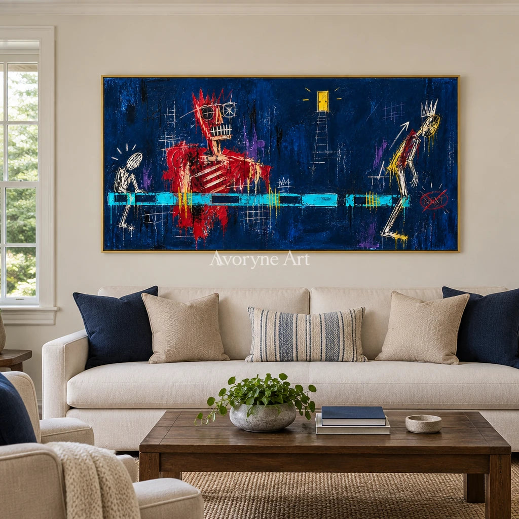 Gentle Vista graffiti figure wall art with a gold frame hanging in a living room