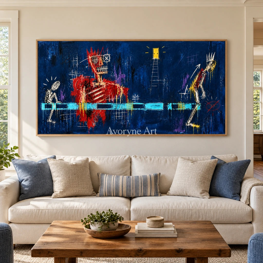 Gentle Vista graffiti figure wall art with a wood frame in a villa living space