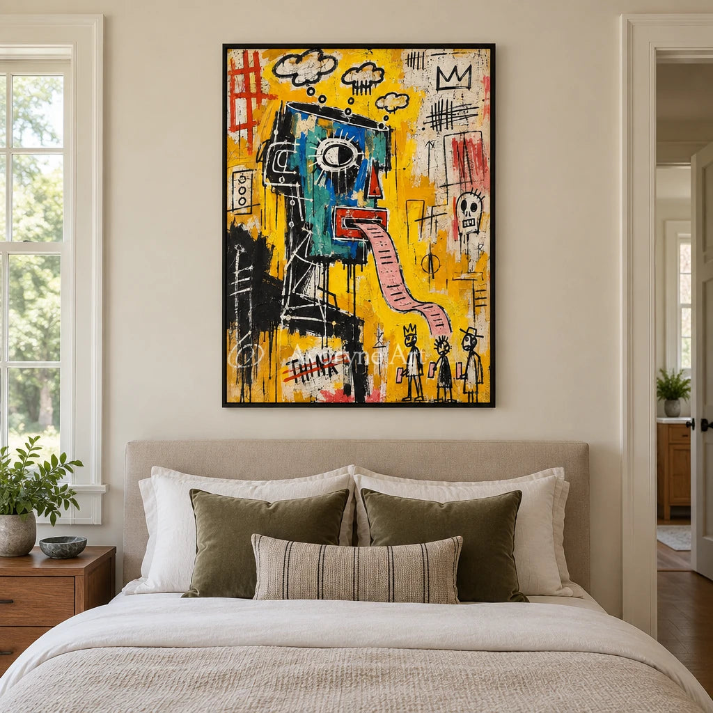 Gentle Current graffiti figure wall art with a black frame above a bed in a bedroom