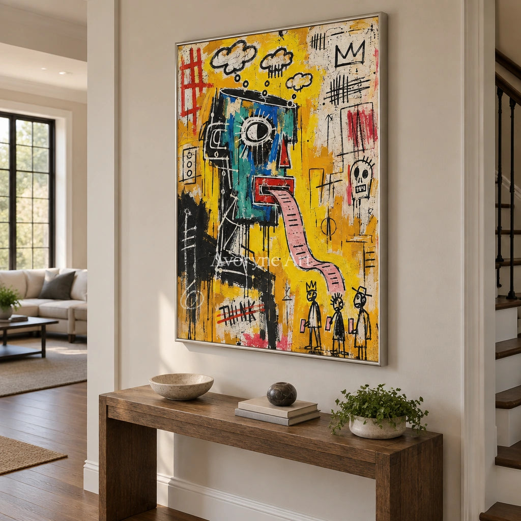 Gentle Current graffiti figure wall art with a silver frame in an entryway