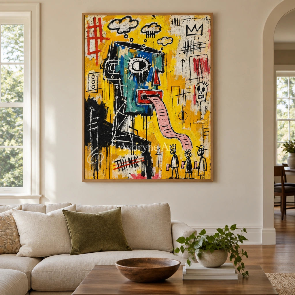 Gentle Current graffiti figure wall art with a wood frame in a villa living space