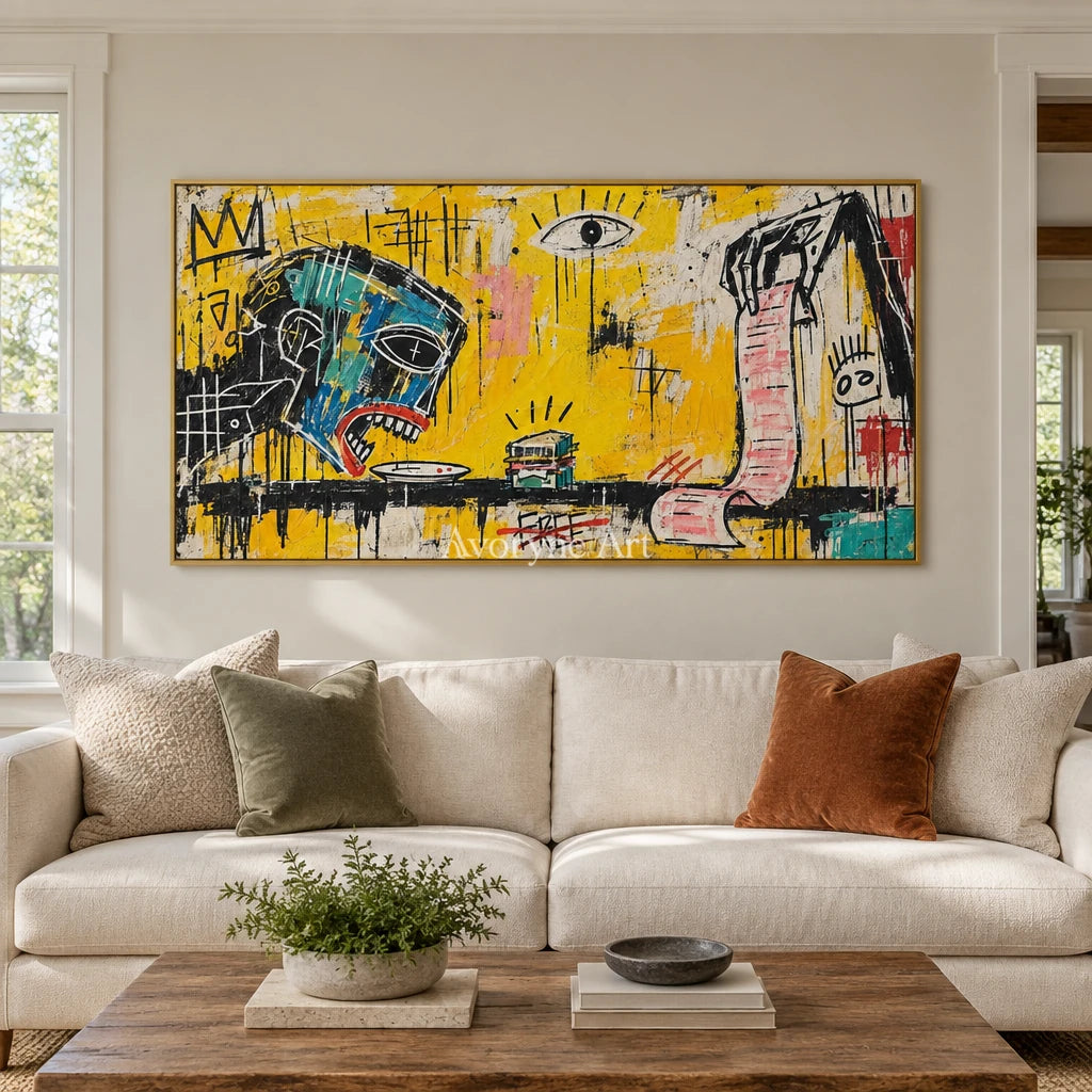 Gentle Solace graffiti figure wall art with a gold frame hanging in a living room