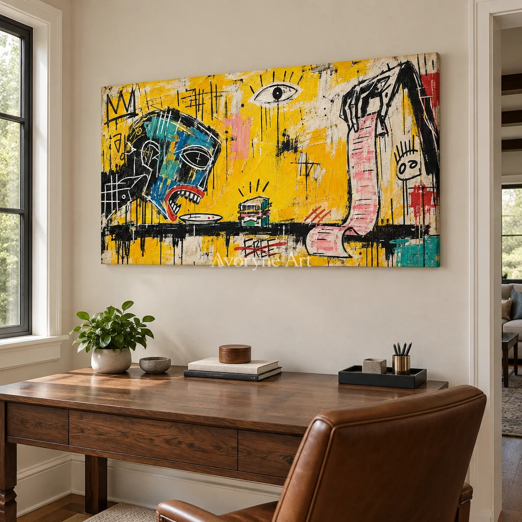 Gentle Solace graffiti figure wall art as a frameless stretched canvas in a home office