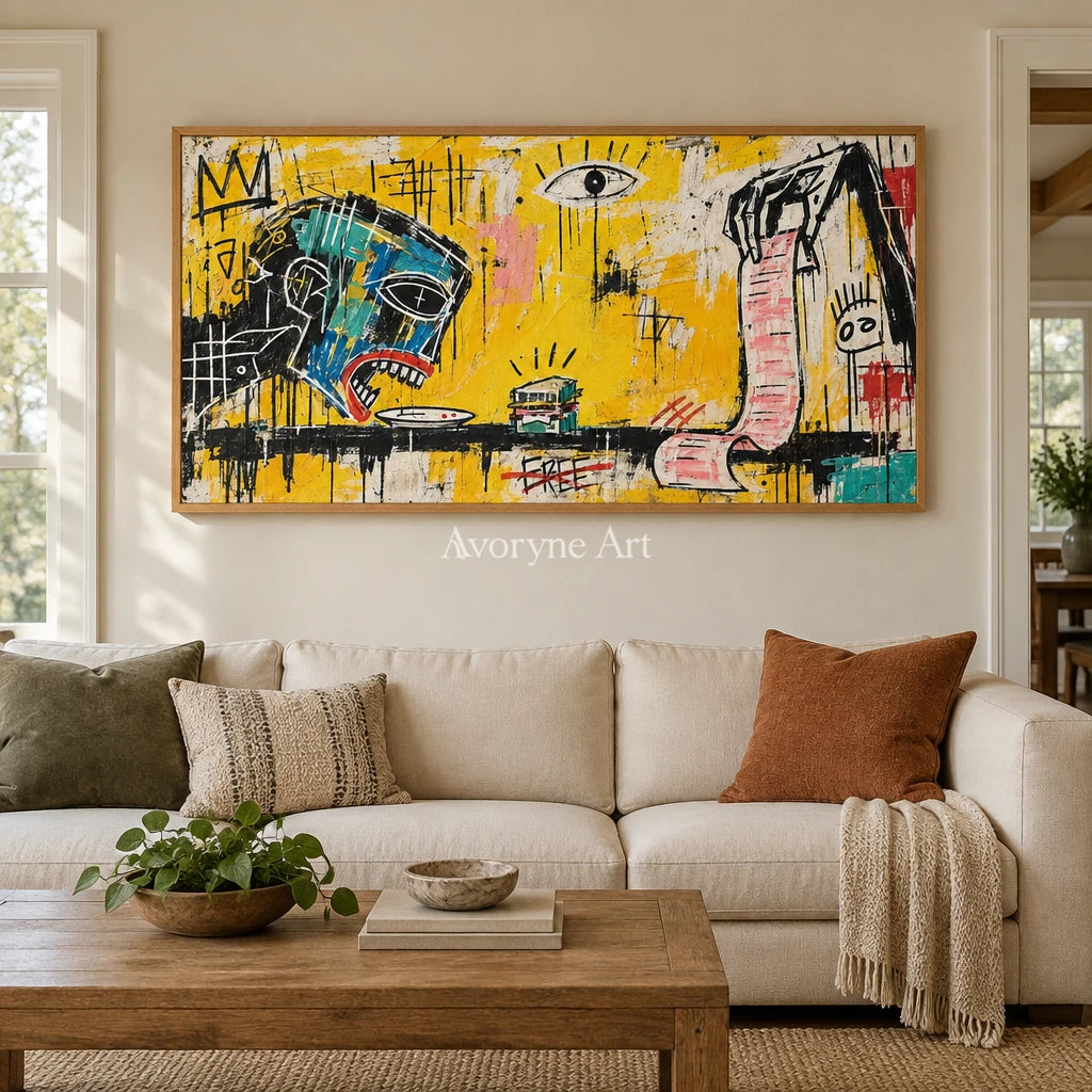 Gentle Solace graffiti figure wall art with a wood frame in a villa living space