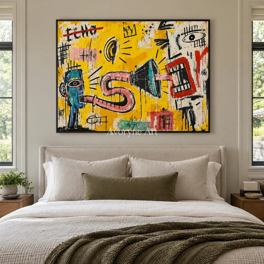 Gentle Reverberation graffiti figure wall art with a black frame above a bed in a bedroom