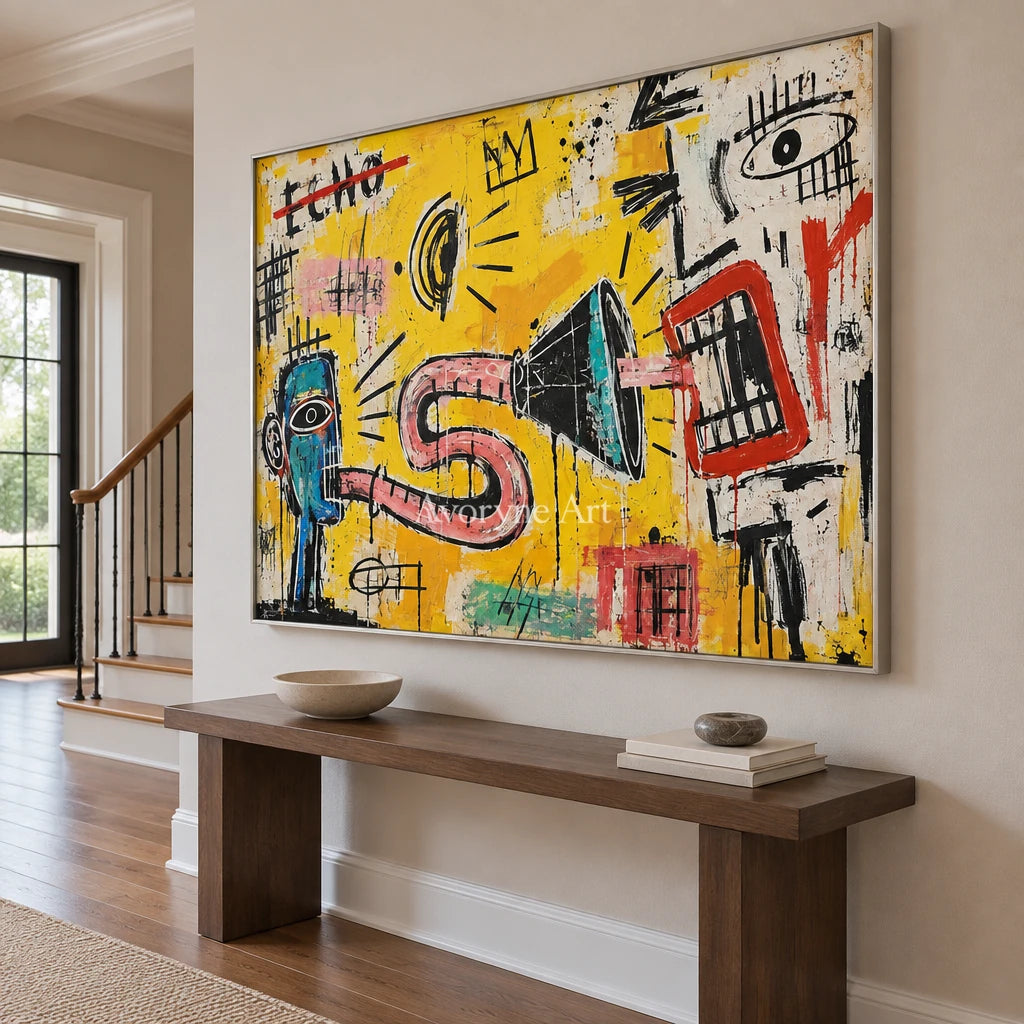 Gentle Reverberation graffiti figure wall art with a silver frame in an entryway
