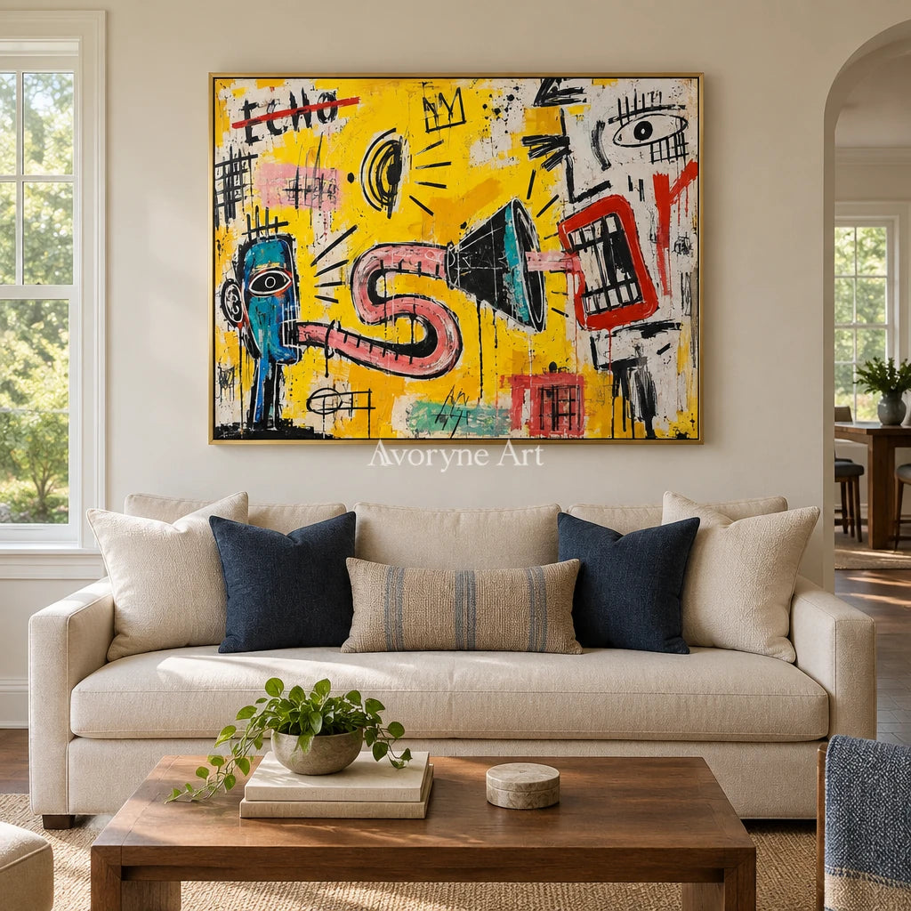 Gentle Reverberation graffiti figure wall art with a gold frame hanging in a living room