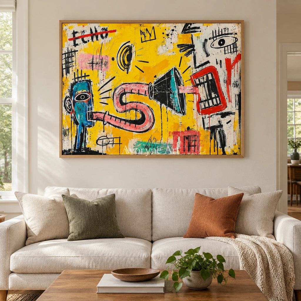Gentle Reverberation graffiti figure wall art with a wood frame in a villa living space