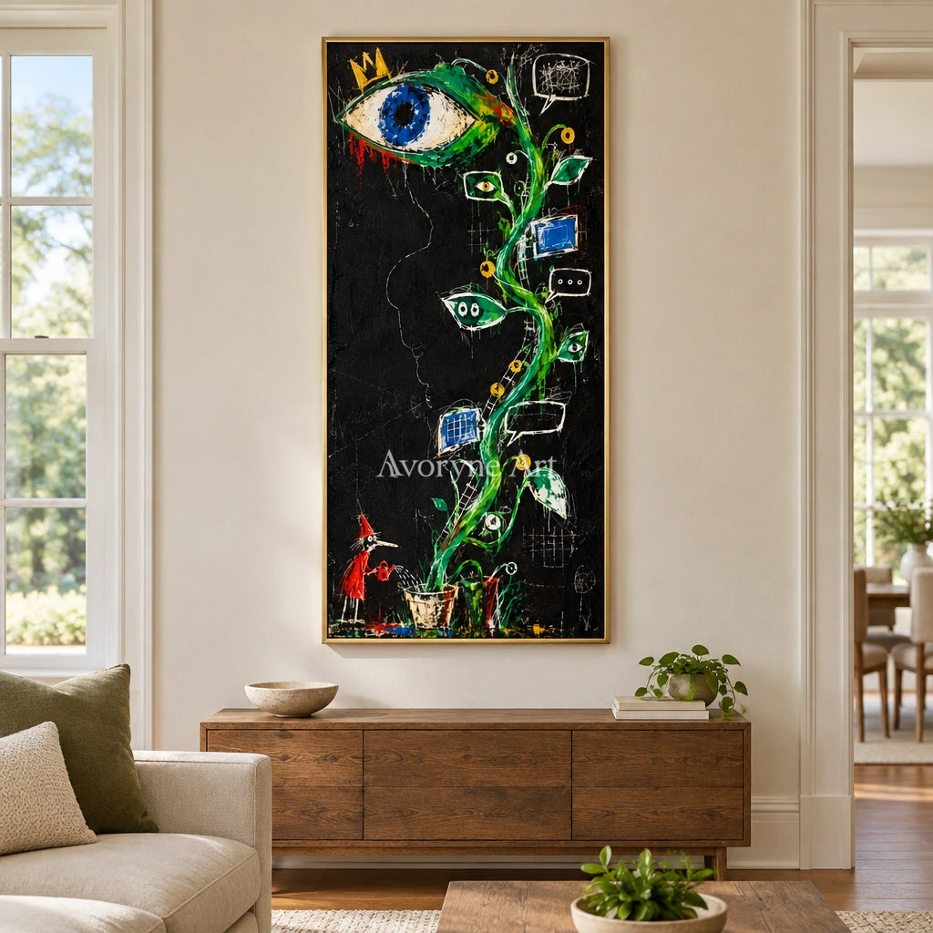 Gentle Dialogue graffiti figure wall art with a gold frame hanging in a living room
