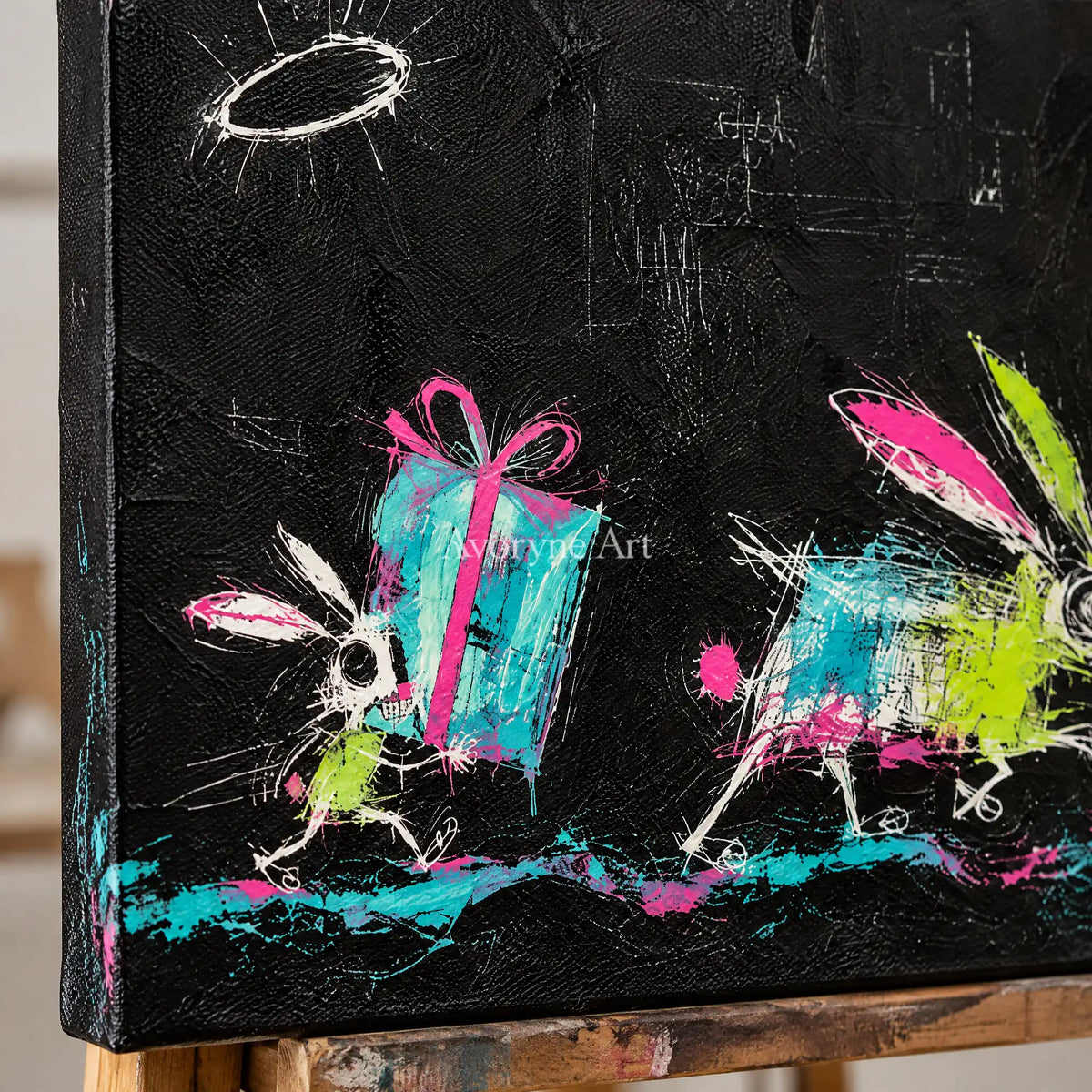 Close-up of the hand-painted texture of Open Passage graffiti figure wall art on an easel