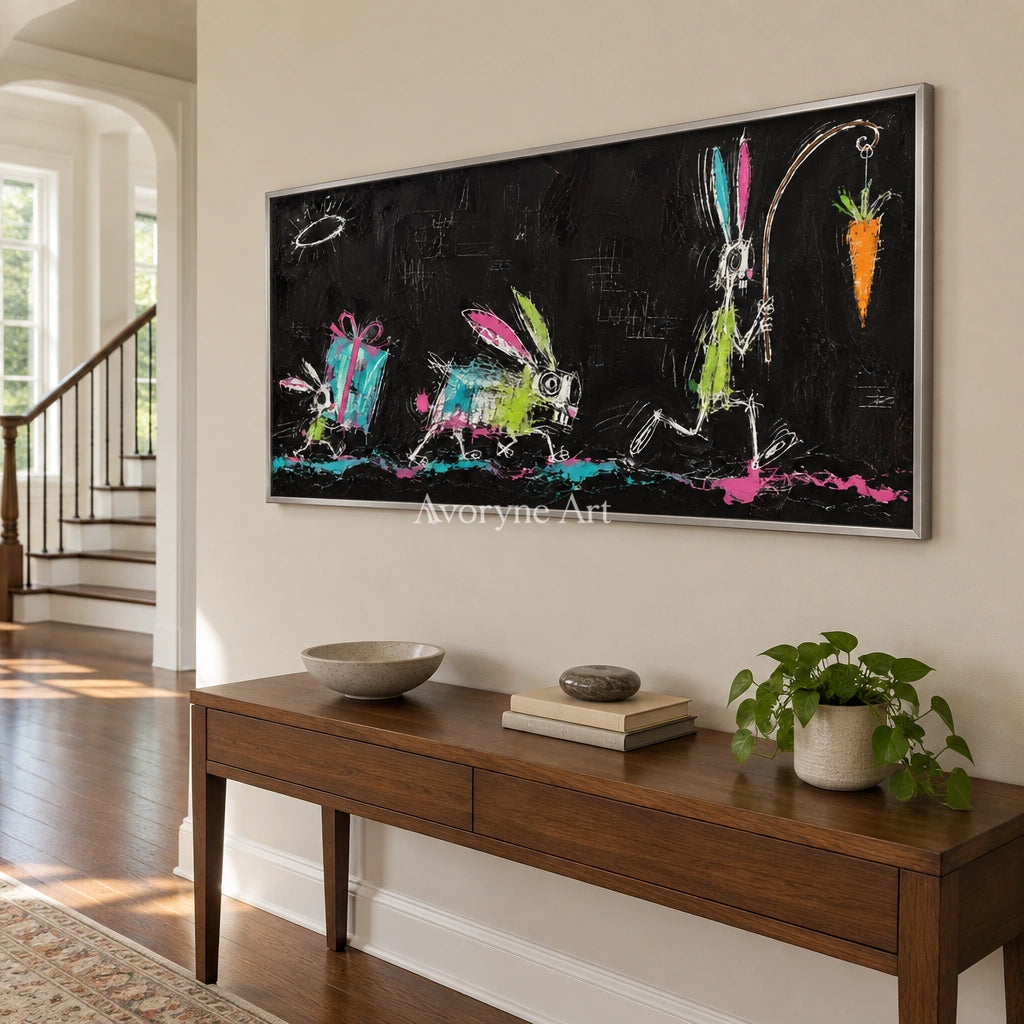 Open Passage graffiti figure wall art with a silver frame in an entryway