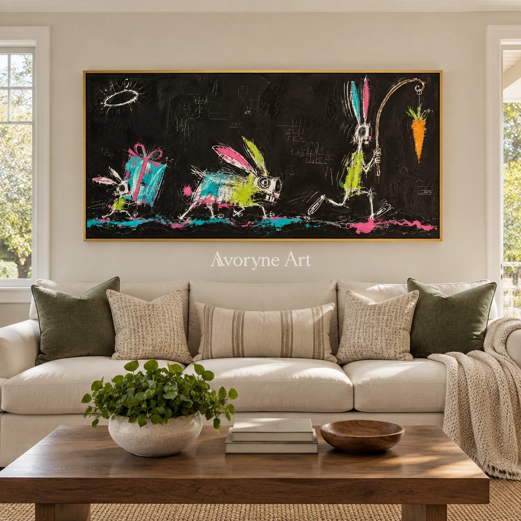 Open Passage graffiti figure wall art with a gold frame hanging in a living room