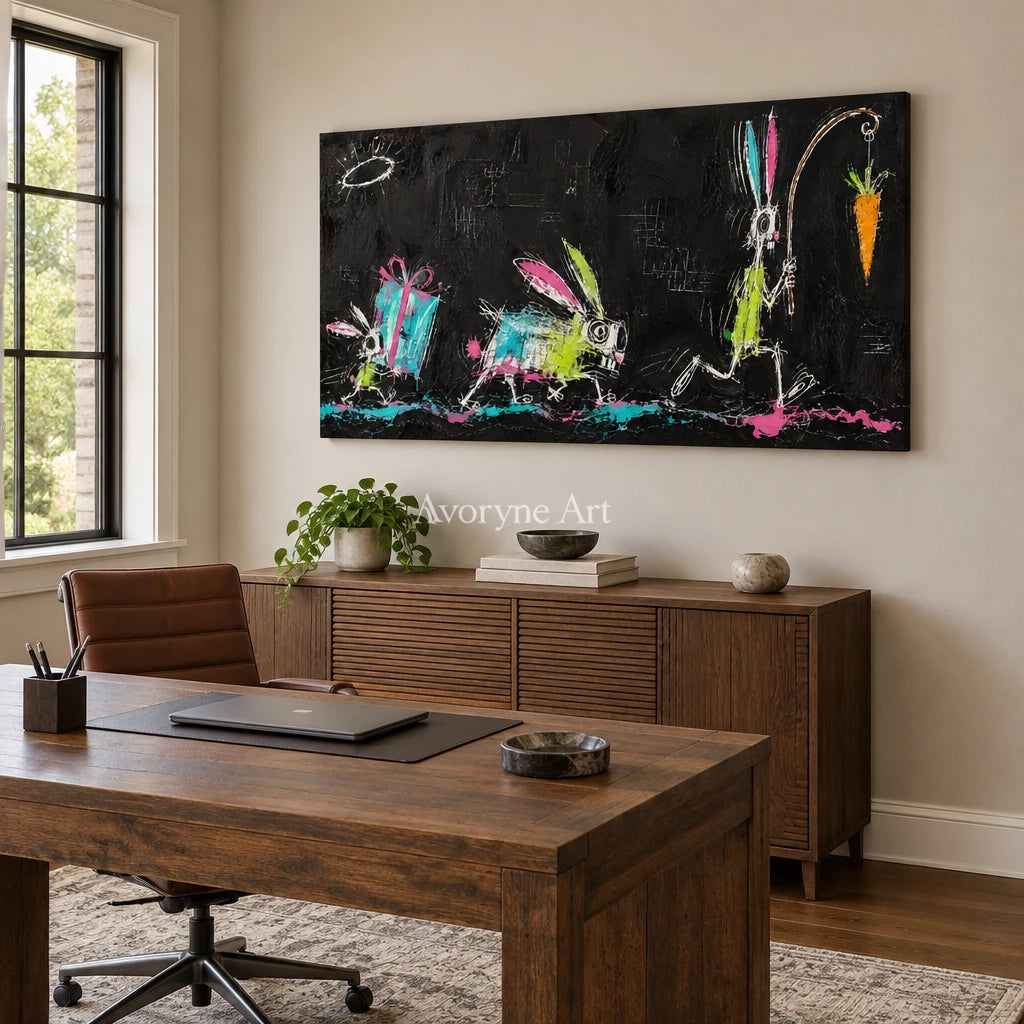 Open Passage graffiti figure wall art as a frameless stretched canvas in a home office