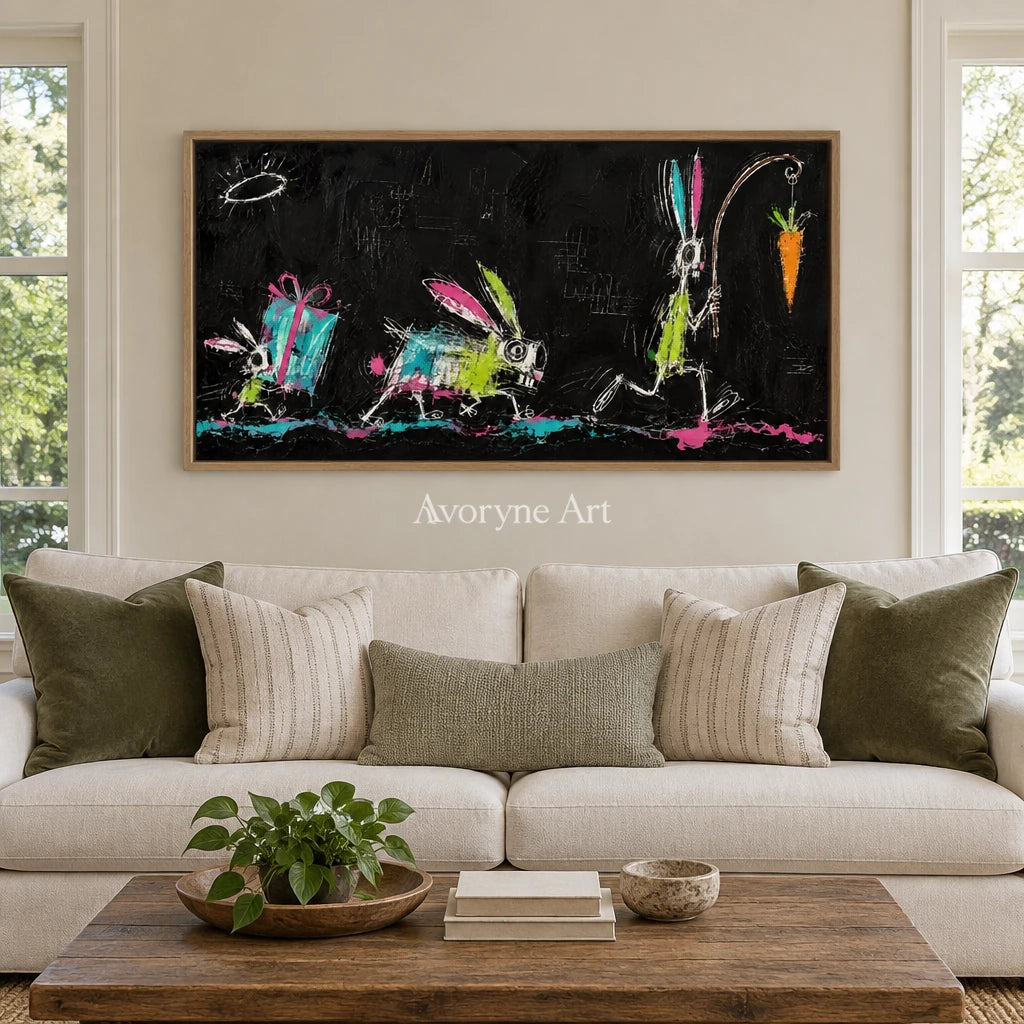 Open Passage graffiti figure wall art with a wood frame in a villa living space