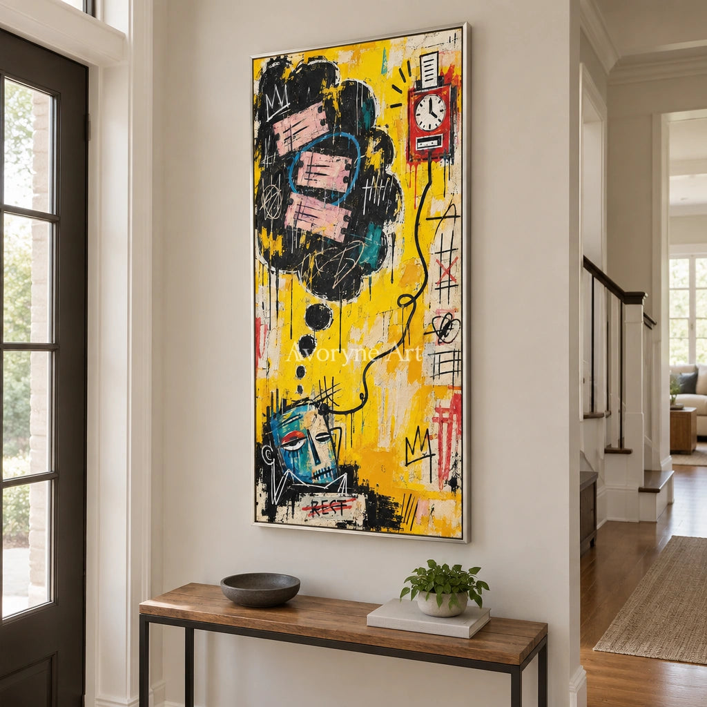 Open Reverie graffiti figure wall art with a silver frame in an entryway