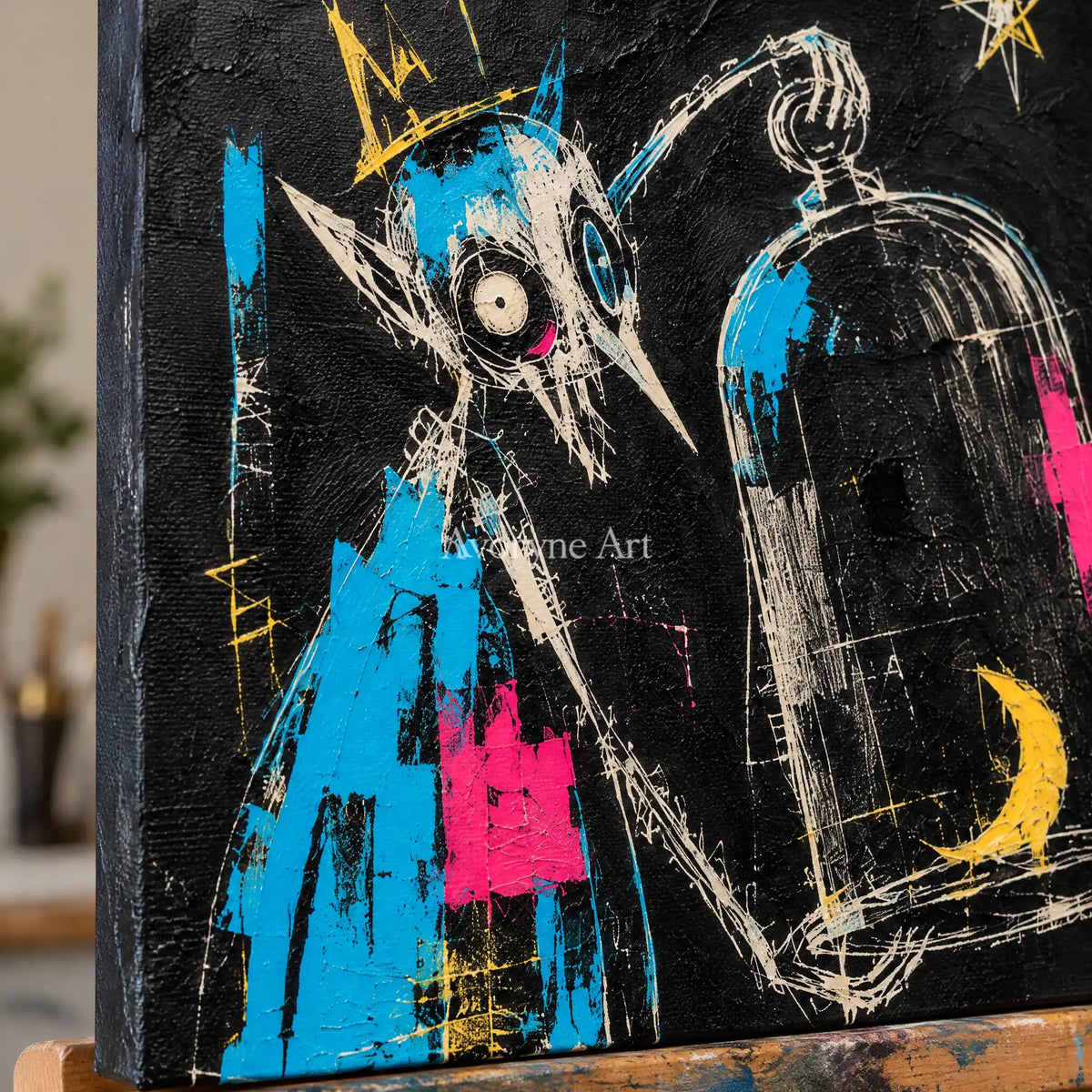 Close-up of the hand-painted texture of Open Interval graffiti figure wall art on an easel