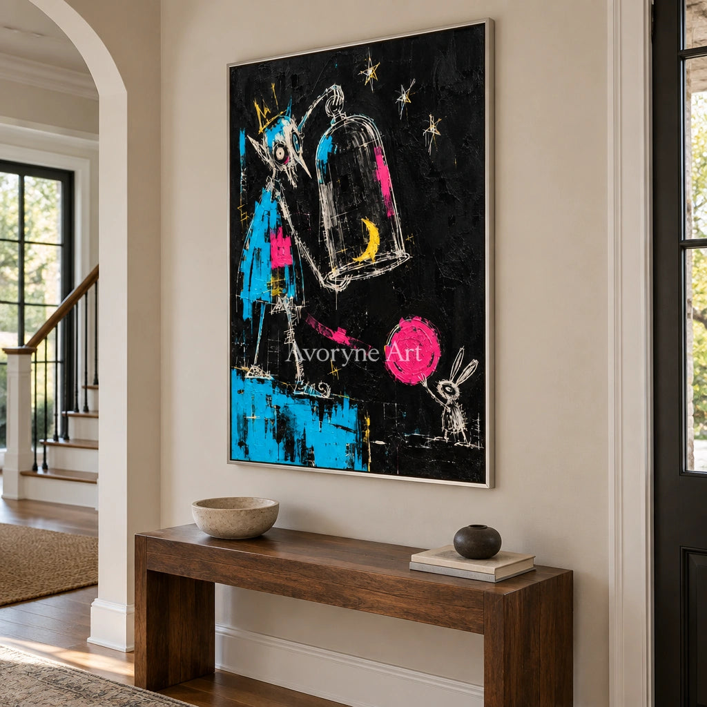 Open Interval graffiti figure wall art with a silver frame in an entryway