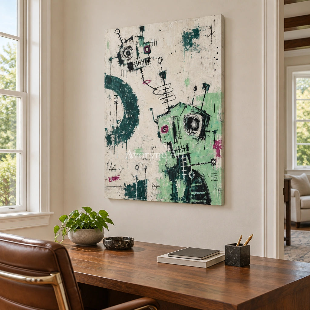 Open Echo graffiti figure wall art as a frameless stretched canvas in a home office