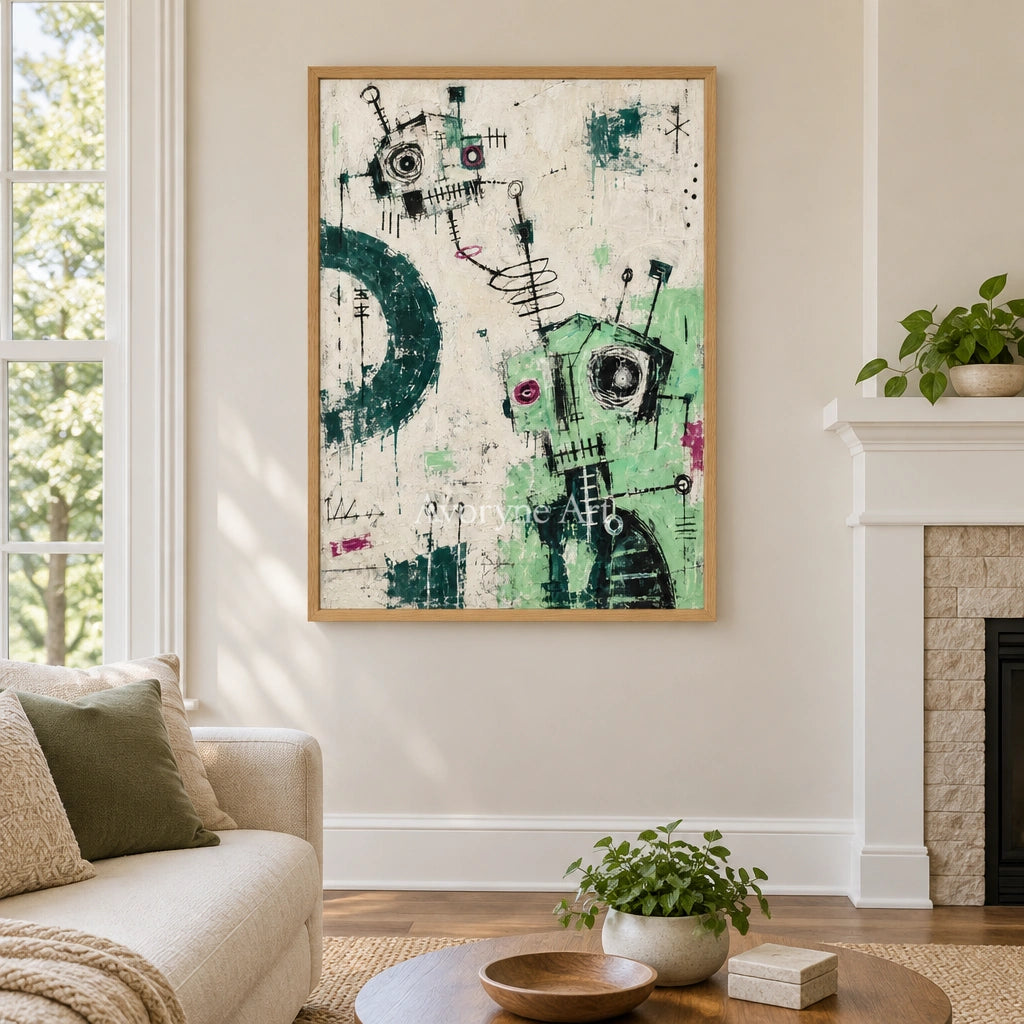 Open Echo graffiti figure wall art with a wood frame in a villa living space
