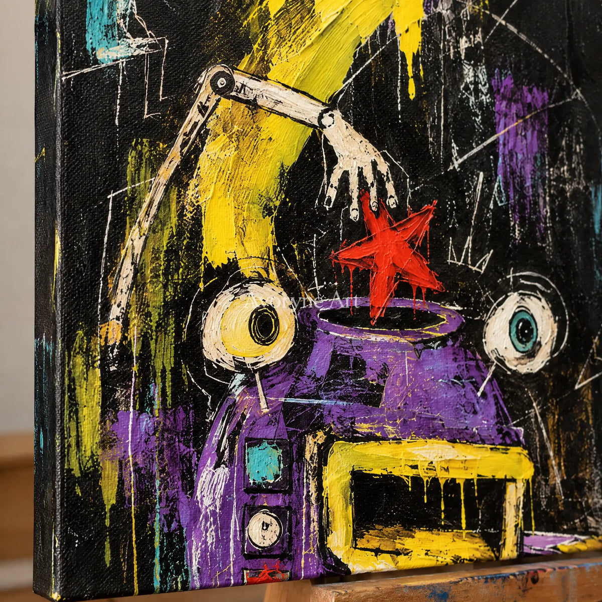 Close-up of the hand-painted texture of Open Rhythm graffiti figure wall art on an easel