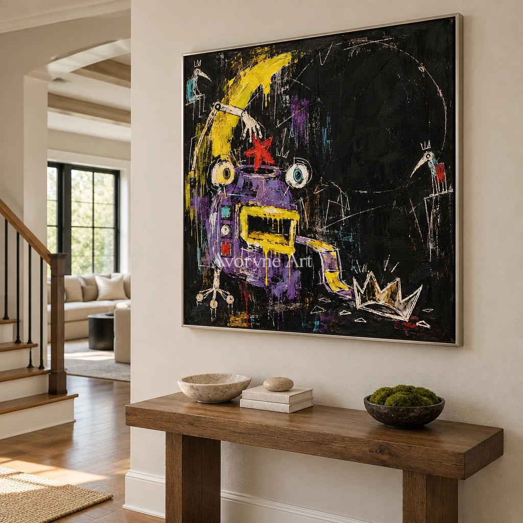 Open Rhythm graffiti figure wall art with a silver frame in an entryway