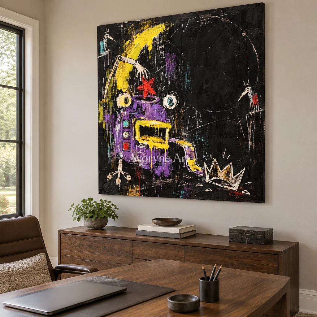 Open Rhythm graffiti figure wall art as a frameless stretched canvas in a home office