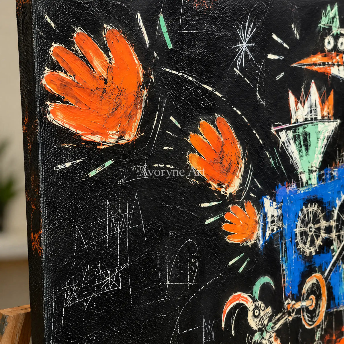 Close-up of the hand-painted texture of Open Horizon graffiti figure wall art on an easel